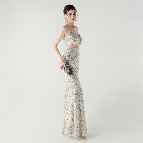 Graceful Sequin Embellished Mesh Mermaid Maxi Dress